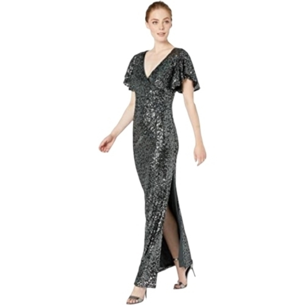 Marina Gunmetal Flutter Sleeve Sequined Formal Evening Dress, 14, Elegant, Party - Picture 3 of 14